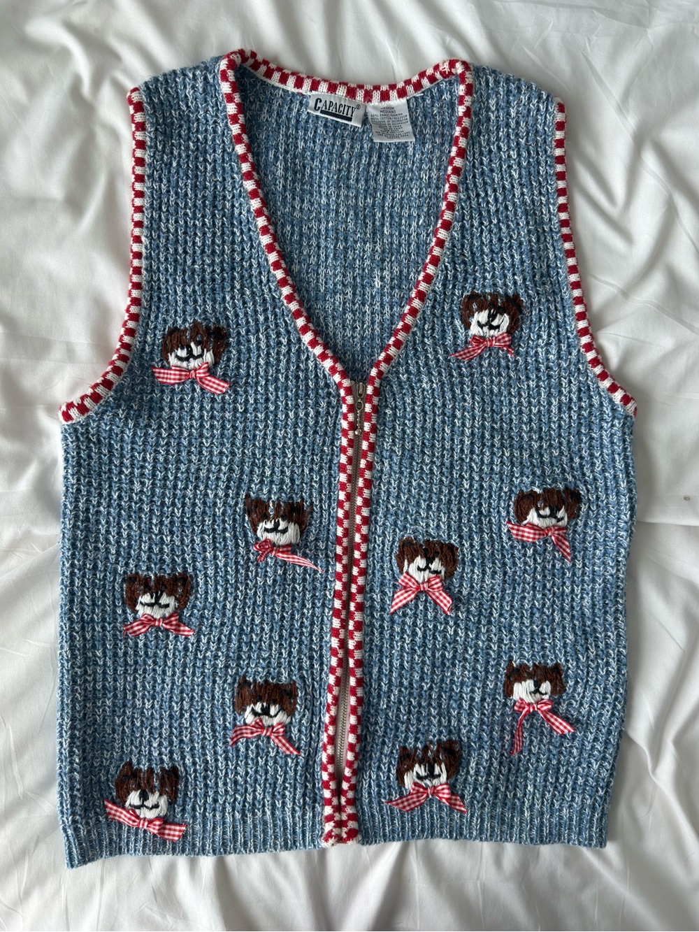 Vintage Bear Embroidered Sweater Vest Medium Blue Full Zip Cotton Ramie 90s Knit
